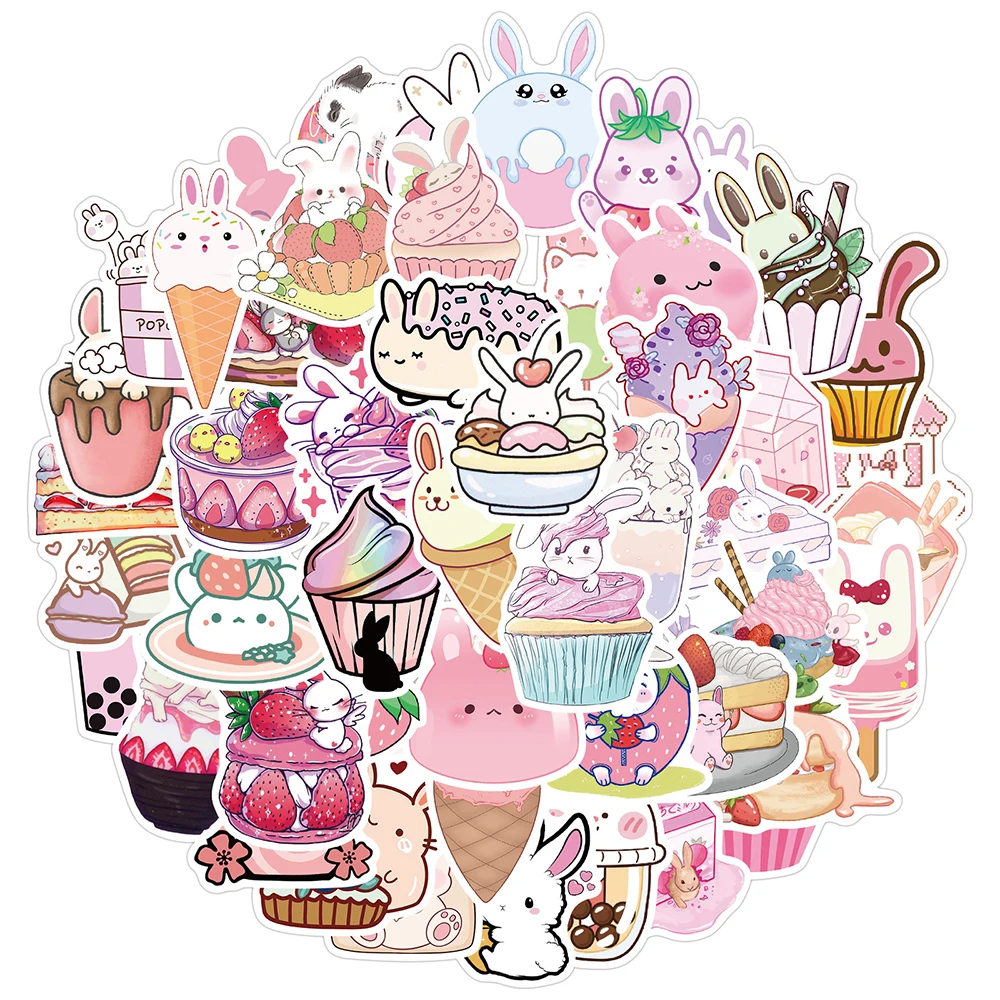 Pegatinas de conejo Kawaii de postre, calcoman&iacute;as de comida rosa, bricolaje, tel&eacute;fono, diario de recortes, port&aacute;til, pegatinas de juguete para ni&ntilde;os impermeables, 10/30/50 Uds.-0