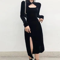 2021 sexy club midi dress a line dresses front hollow out neck long sleeve buckle side high split hem party dress punk gothic