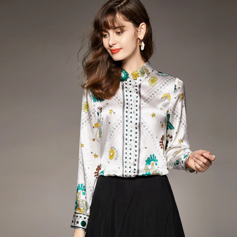 

100% Natural Silk Women's Shirt Turn Down Collar Long Sleeves Floral Printed Fashion Casual Blouse Tops
