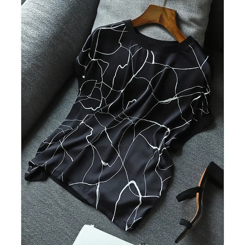 Женская Тонкая шелковая футболка черно-белая с коротким рукавом в Корейском