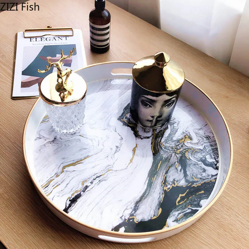 

Light Luxury Marble Round Tray Coffee Cup Snacks Fruit Tray Crafts Kitchen Bathroom Storage Home Decoration Accessories Modern