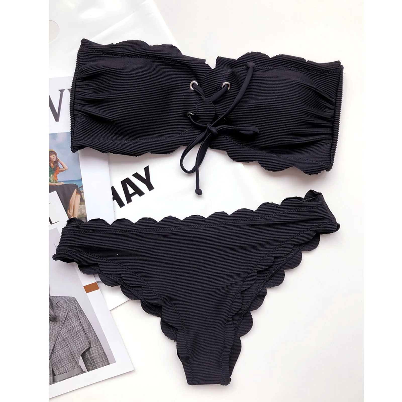 

Woman Sexy Fashion Swimwear Unilateral Women Swimsuit Mini Thong Padded Push-up Bra Bikini Set Swimming Bathing Black White