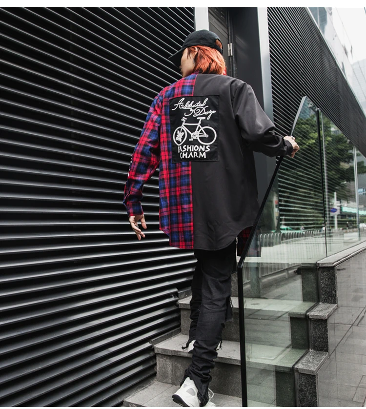New Western Diablo Style Fashion Individuality Printed Plaid Patchwork Men's Long-Sleeved Shirts Hip Hop Autumn Streetwear Color