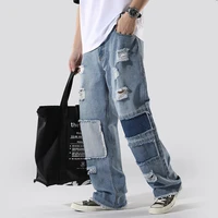 fashion ripped mens jeans loose straight distressed patch jeans hip hop frayed trousers streetwear men loose patchwork jeans