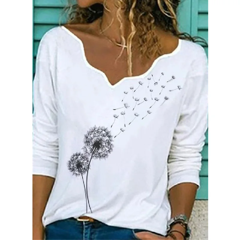 

Women Sexy V Neck Shirt 2021 Autumn Long Sleeve Tops Blusas Casual Floral Print Loose Shirt Pullover Streetwear Plus Size