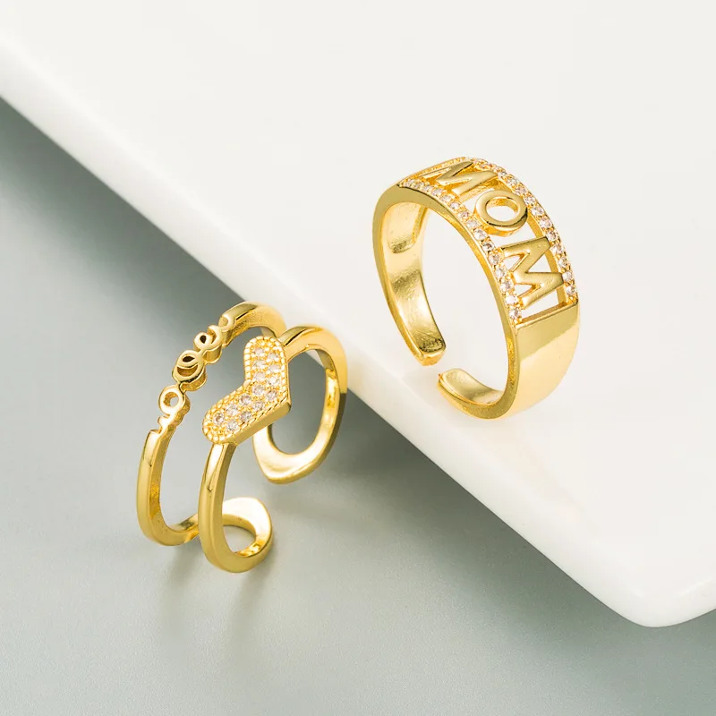 

New Double-layer Opening European and American Personalized Trend Hollowed Out Letter Mom Heart-shaped Ring Retro Simple Zircon