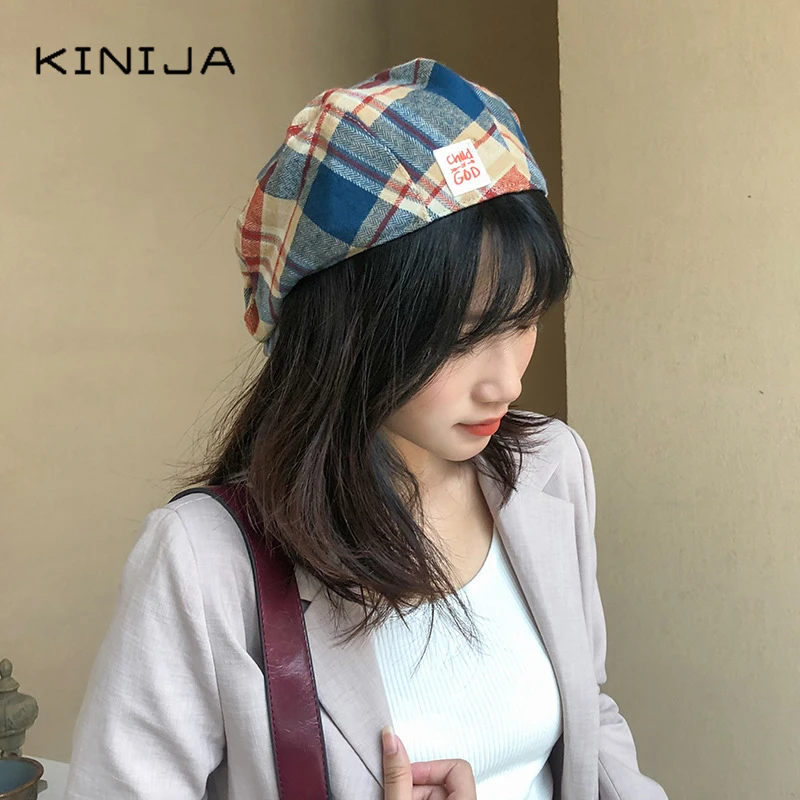 Ретро клетчатый берет корейские женские осенне зимние шапки Двусторонняя шапка