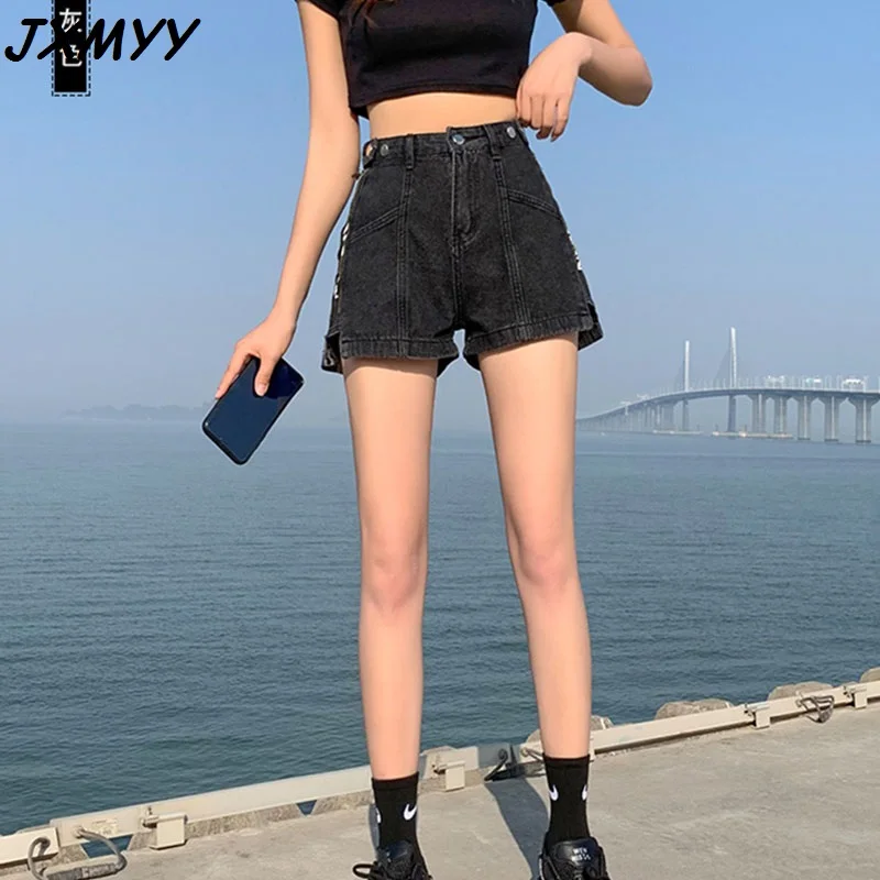 

2021 shorts ladies summer loose summer new ins slimming super high waist net red wide leg a-line denim hot pants zipper JXMYY