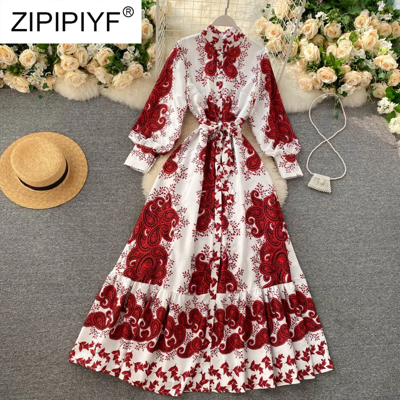 

Женское винтажное платье-трапеция в стиле бохо, подиумное Элегантное Вечернее Платье макси с длинным рукавом и цветочным принтом, с пышными...