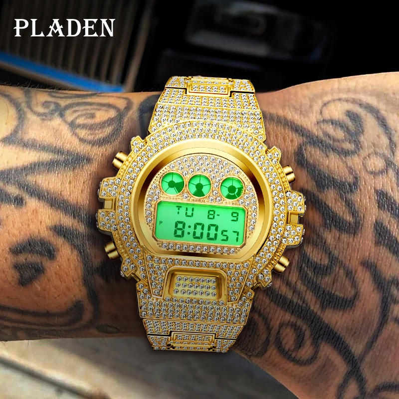 Luxury Men Watches New Arrival Multifunction Diamond Hip Hop Gold Wristwatch Fashion G Style Shock Proof LED Digital Watch Gift