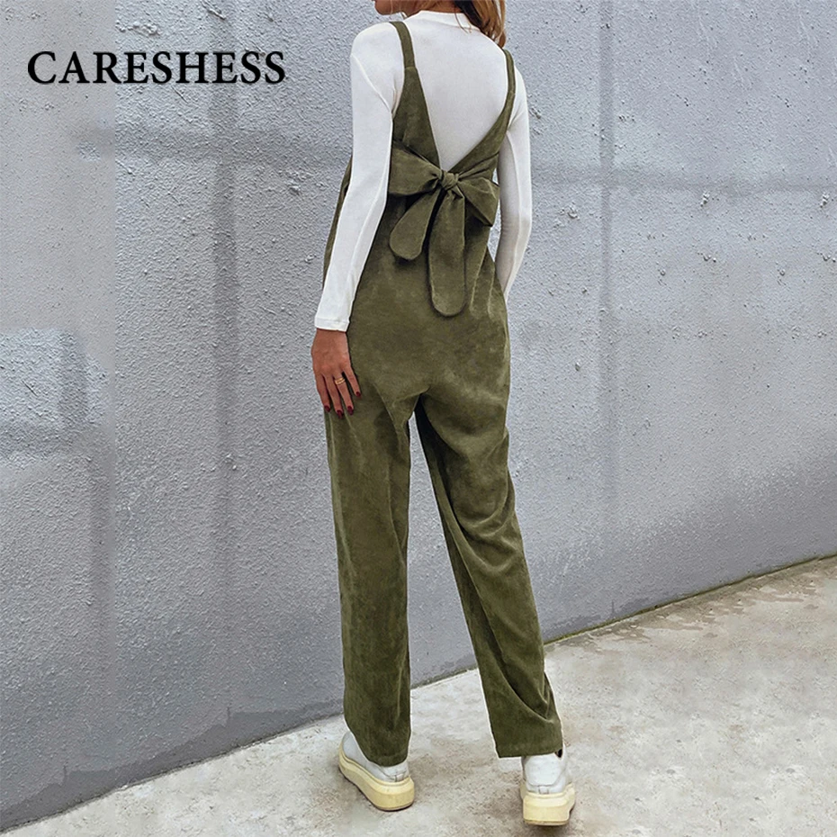 

CARESHESS Autumn Womens Sleeveless Dungarees Rompers Jumpsuit Pure Color Bow Slim Fit Preppy Style Pants Casual Sling jumpsuit
