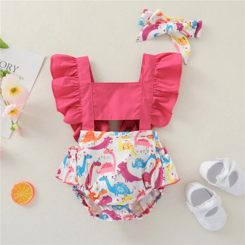 

Комплект из двух предметов для маленьких девочек, комбинезон и головной убор с принтом розового мультяшного динозавра, Милый Летний повсед...