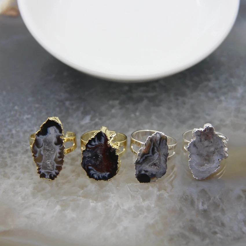 

Natural Lace Agates Geode Quartz Drusy Fashion Adjustable Rings,Black White Agates Druzy Women Finger Ring Healing Jewelry