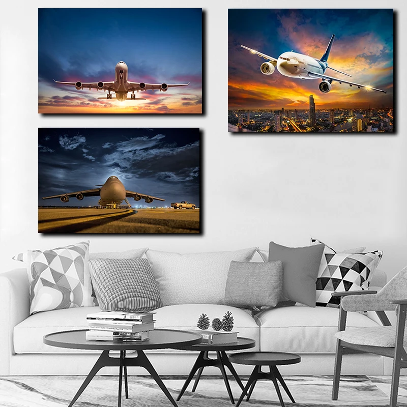 

Sunset Landscape Airplane Wall Art Canvas Poster and Print Canvas Painting Decorative Picture Living Room Home Decor Framework