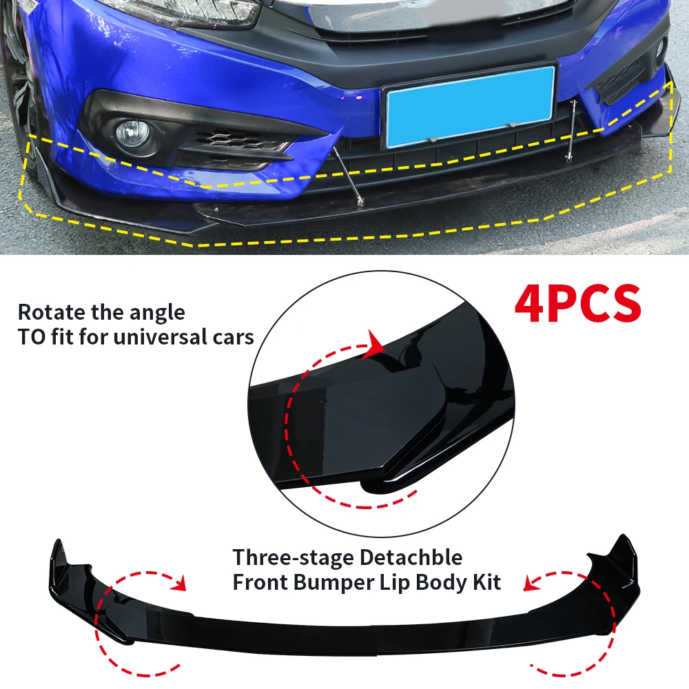 

4Pcs Glossy Black Front Bumper Splitter Lip Diffuser Chin Bumper Body Kits Universal for cars