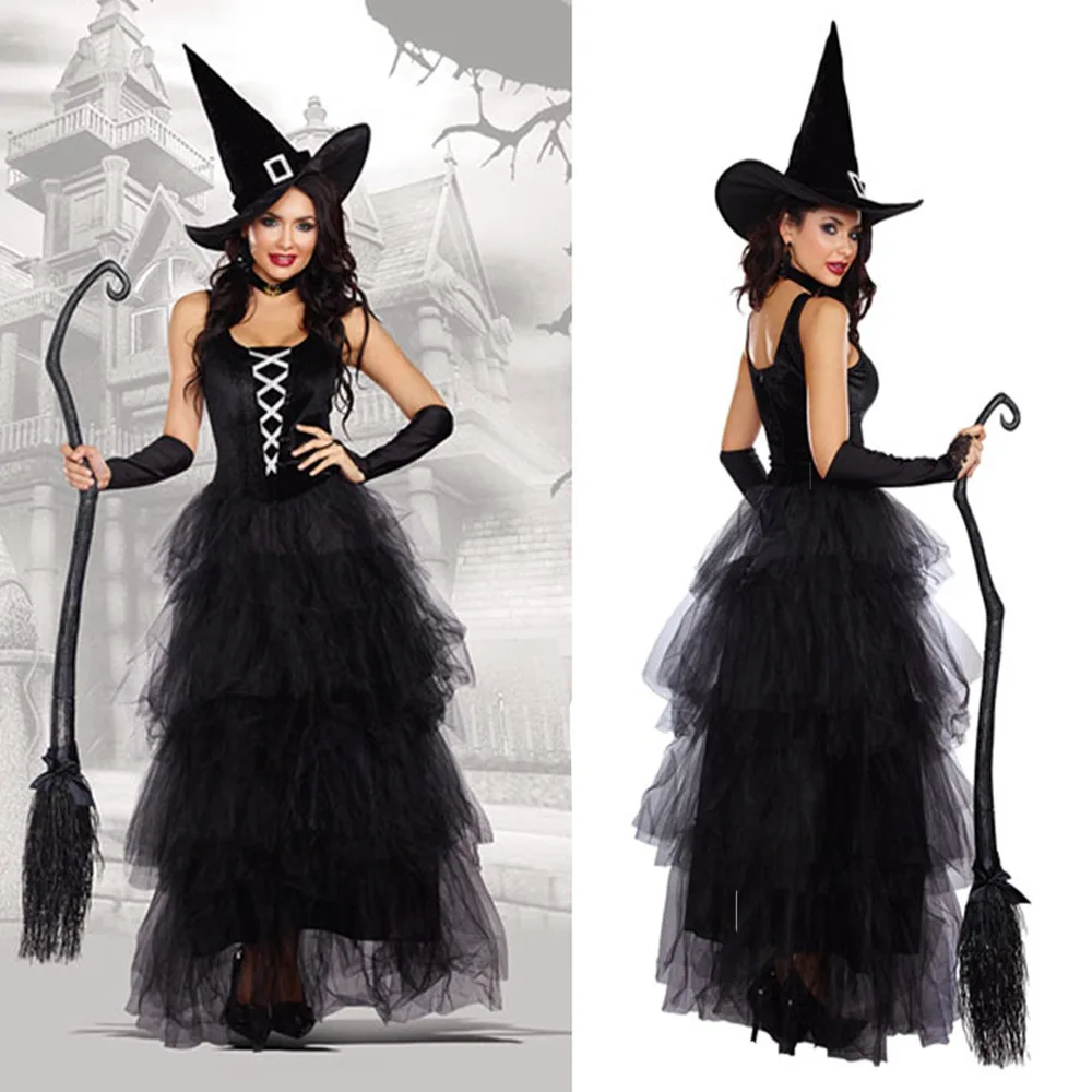 Black Gothic Witch Costume For Adult Women Purim Halloween Cosplay Party Wizards Fancy Dress | Тематическая одежда и