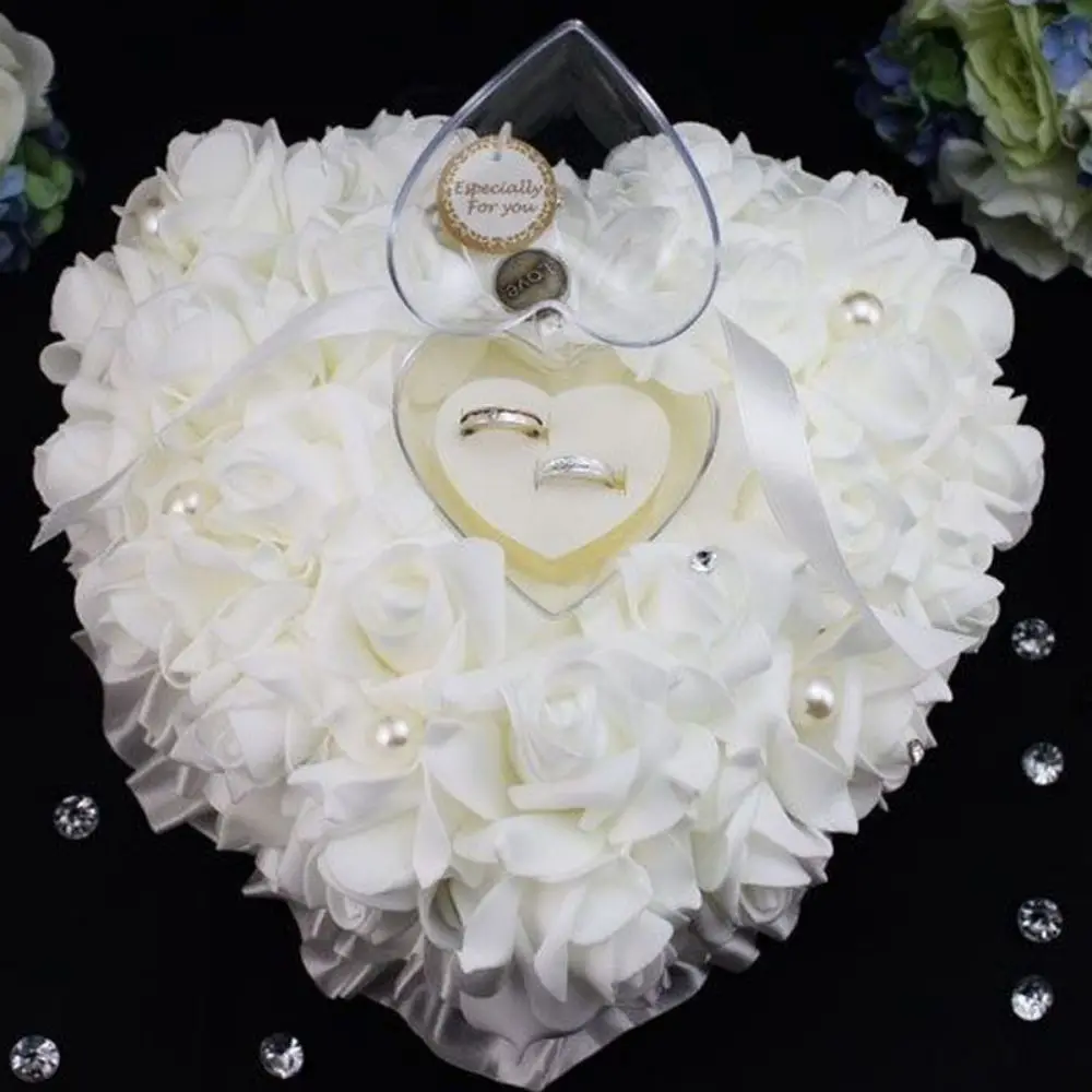 

Romantic White Heart Shape Rose Flowers Ring Box for Wedding Party Ring Bearer Pillow Bride Ring