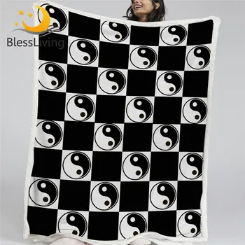 BlessLiving Tai Chi Throw Blanket Chess Board Linen Blanket Black White Squares Custom Blanket Yin Yang Symbol Mantas De Cama 1