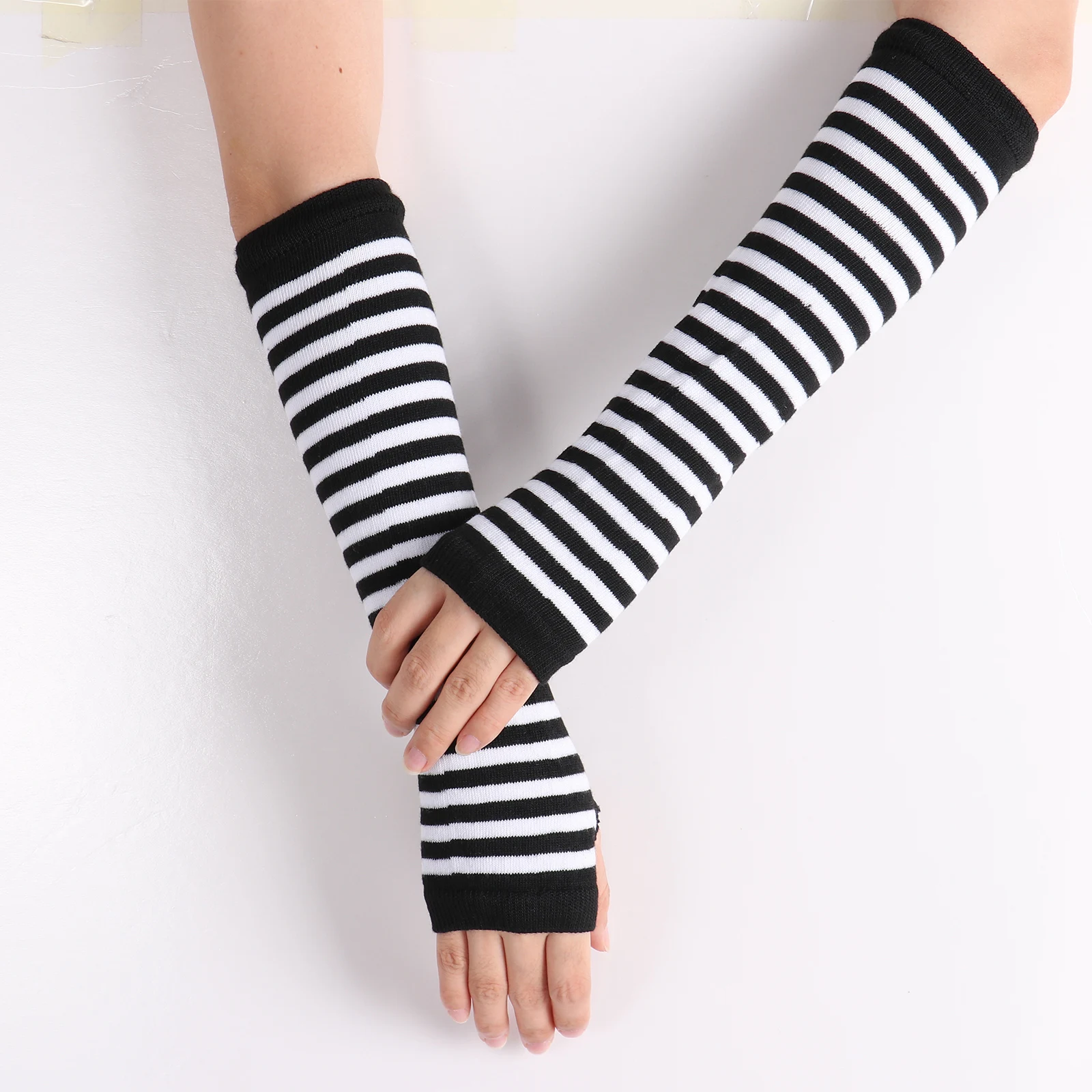 2 пары полосатых рукавиц вязаные локоть перчатки длинные без пальцев хлопковые