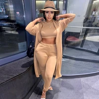 casual simple apricot 3 three piece pant suits office lady stretchy tank topelastic waist trouserlong sleeve cardigan elegance