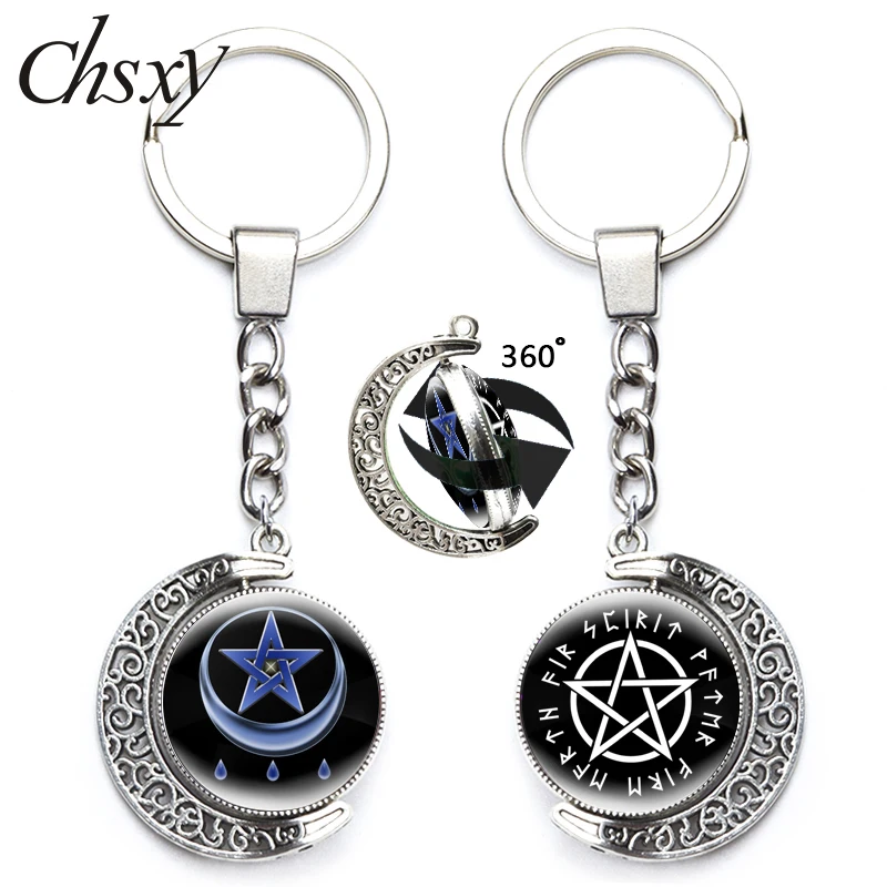 

Wiccan Vintage Statue Of Triple Moon Goddess Amulet Glass Keychain 360 Degree Rotating Pendant Creative Pentagram Women Keyring