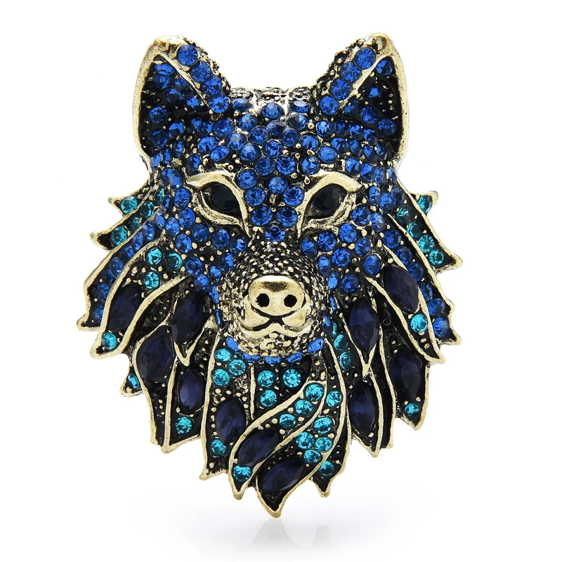 Wuli&baby Sparking Rhinestone Wolf Brooches For Women Men 2-color Black Blue Cool Wolf Brooch Pin Jewelry Gifts