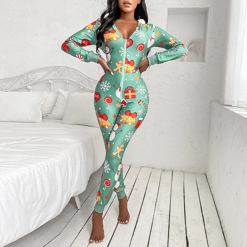 

Casual V-Neck Hooded Rompers Homesuit Christmas Snowman Deer Print Women Jumpsuits Fashion Zip-Up Long Sleeve Playsuits Pajamas
