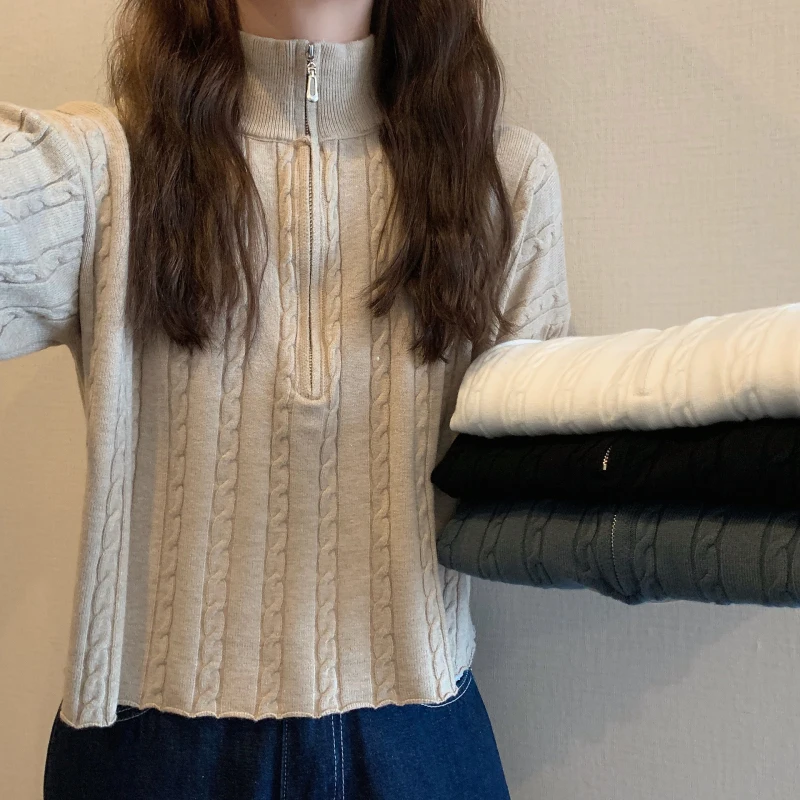 Женский Однотонный свитер Harajpoo с длинным рукавом на молнии завязками корейская