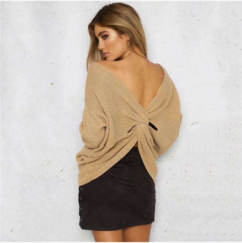 Модный женский свитер Осень-зима длинный рукав v-образный вырез открытая спина