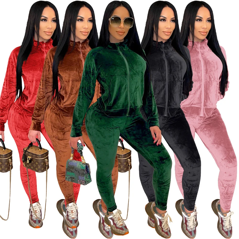 

Velvet Winter Clothes Women Tracksuit Fashion Turn Down Collar Zipper Tops Sportswear Solid Color Pants Suits Wholesale