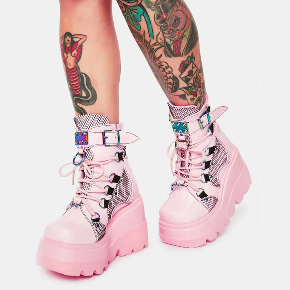 gigifox brand ins hot fashion gothic big size 43 high heels black zip ankle platform boots street cool woman wedges pink shoes free global shipping