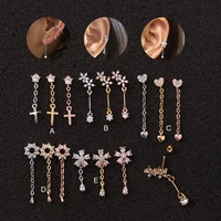 jeweled cross heart long chains cartilage helix tragus piercing ear stud piercing jewellery
