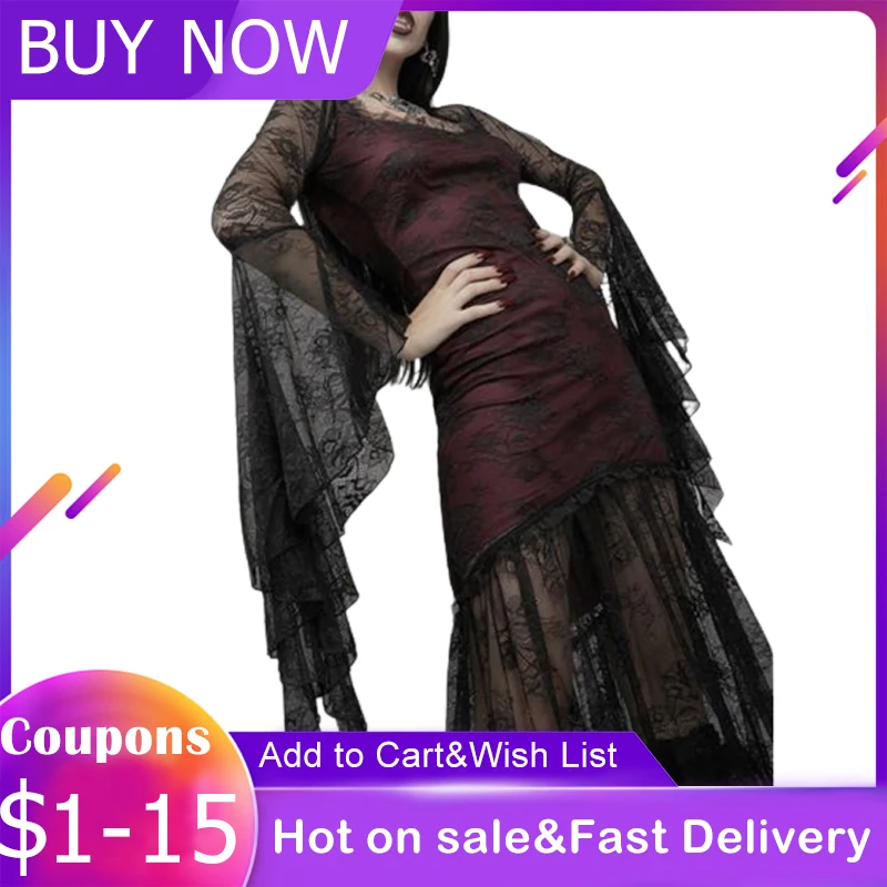 

Highstreet Sexy Lace Long Dresses Party Burgundy Gothic Women's Dress Spring Summer See Through Mesh Vintage Flared Sleeves 2021