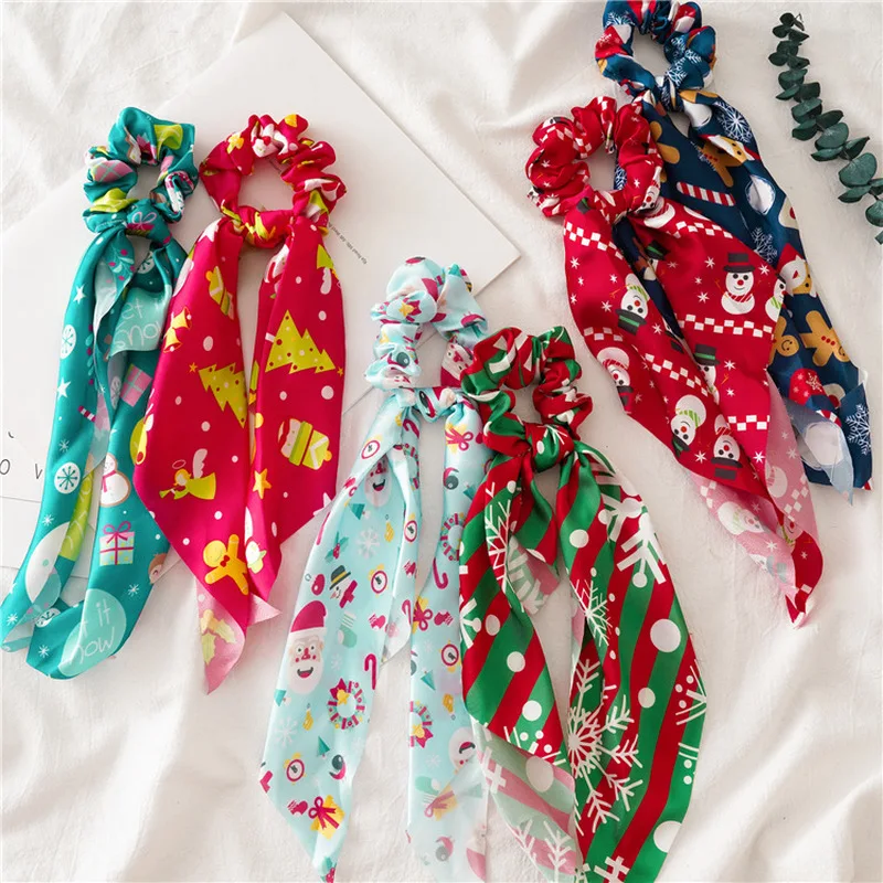 Модный Рождественский бант шарф волос Scrunchies принт резинка для эластичной лентой