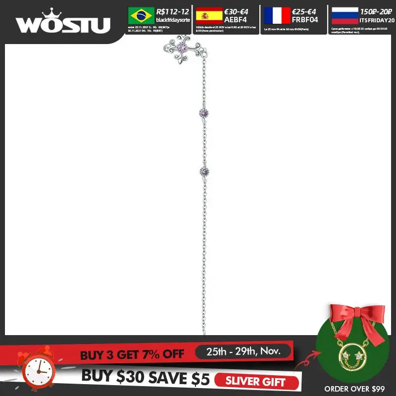 

WOSTU 1 PCS 925 Sterling Silver Vintage Cross Ear Cuff Stud Earrings For Women Fashion Party Jewelry Gift CTE579