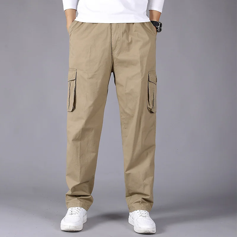 

Men's Casual Cargo Pants 2021 Autumn New Pocket Loose Solid Cotton Thin Waist Trousers Fashion Straight-leg Sportswear Pants
