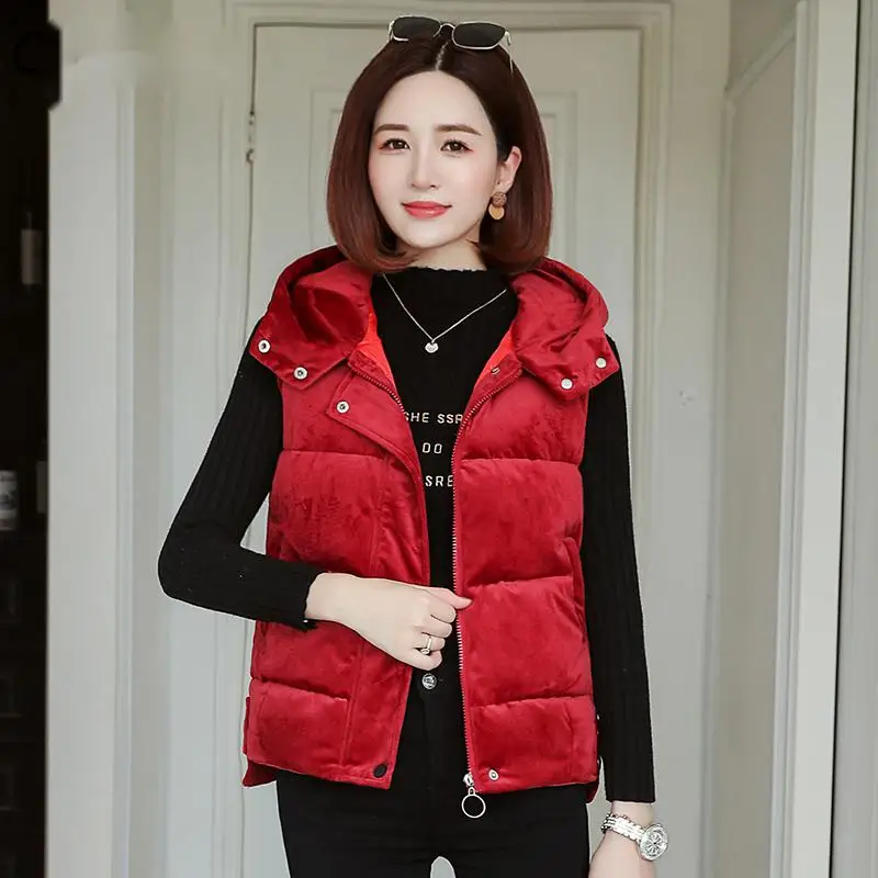 

Бархатный жилет, Женская куртка без рукавов, пальто, Женский облегающий модный теплый жилет с капюшоном, утепленный короткий жилет