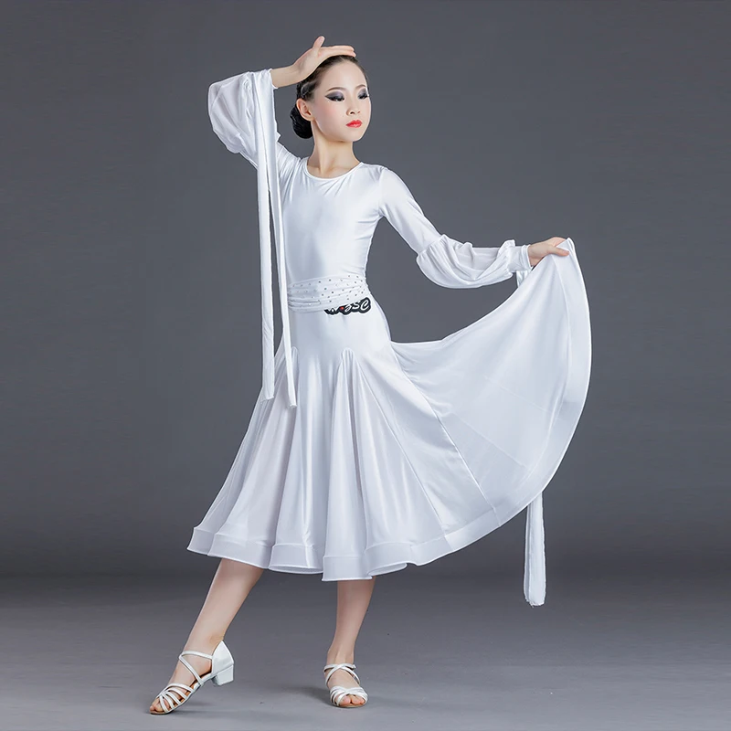 

Ballroom Competition Stage Clothing Girls Lantern Sleeve Standard Waltz Performance Dress Rhinestone Belt Practice Wear