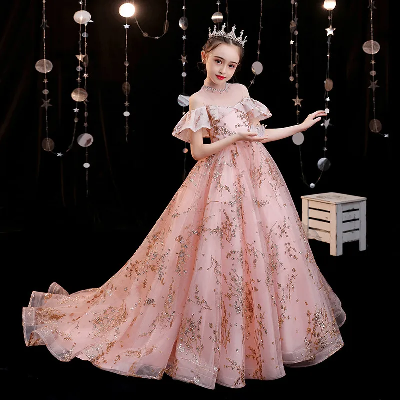 Children Girls High Quality Luxury Sweet Pink Model Catwalk Communication Princess Long Tail Dress Wedding Party Birthday | Детская