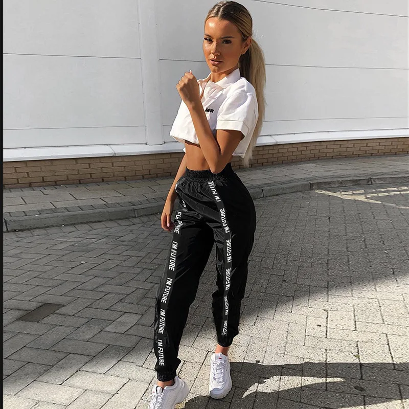 Хаучжоу шаровары брюки для женщин полной длины свободные Jogger Mujer спортивные Эластичный пояс черный повседневные армейские уличная мода