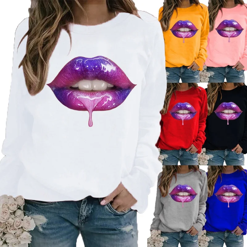 

Ladies Fashion Sexy Lips Printing Long Sleeve Plus Size Loose Shirt Autumn and Winter Round Neck Motion Graphic Sweatshirt
