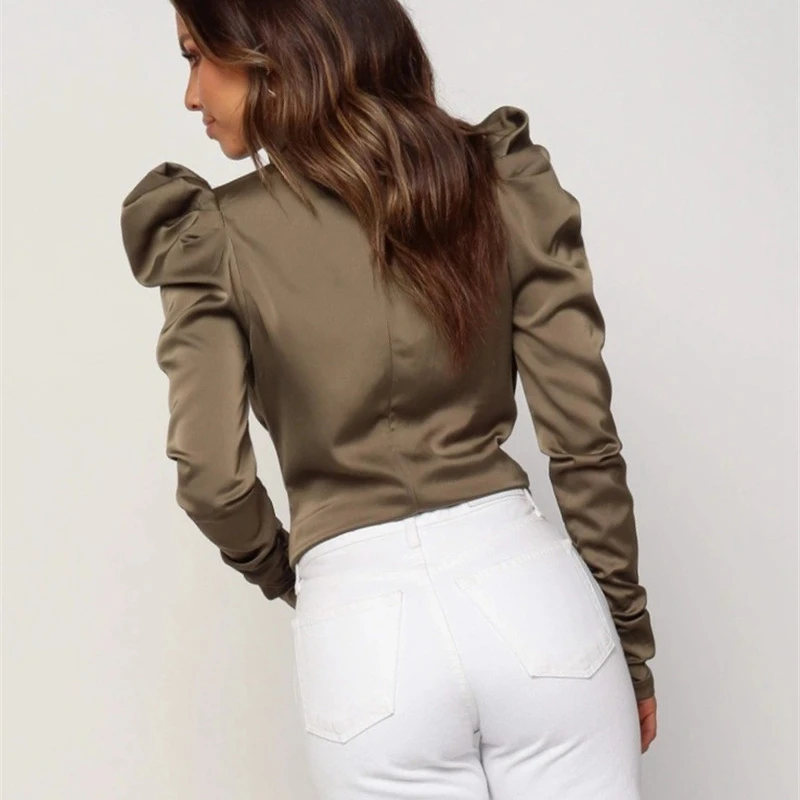 Женские атласные блузки с бантом длинным рукавом пышными рукавами рубашка