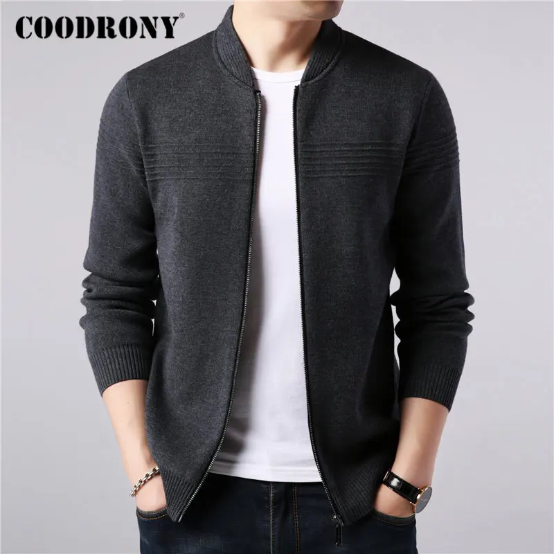 Серый Бренд COODRONY, свитер, пальто, Мужская одежда, Новое поступление, Осень-зима, толстые теплые пальто на молнии, кашемировый шерстяной кардиган, мужской 91089 - Цвет: Серый