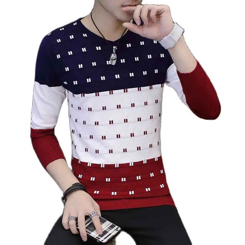 

Men's Stripe Sweater Autumn Winter New Casual Sweater Men Spell Color V Neck Sweater Fashion Slim Men Cover Head Bottom Shirt