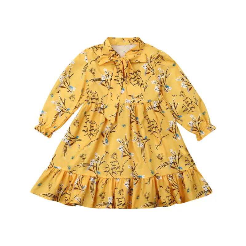 Girl Dress 2019 Autumn Kids Long Sleeve Floral Maxi Boho Bow collar Outfit Holiday Party | Детская одежда и обувь