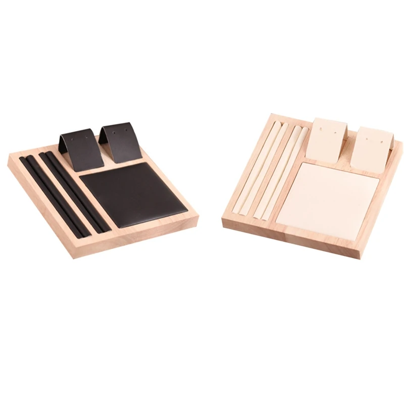 

2Pcs Solid Wood Natural Square Earrings Earrings Display Tray, Ring Storage Tray, Jewelry Display Stand Black & White