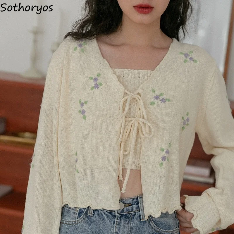 

Women Cardigan Embroidery Crop Tops Knitted Sweater Belt V-neck Female Elegant Spring Summer Outwear Simple Sun Protection Loose
