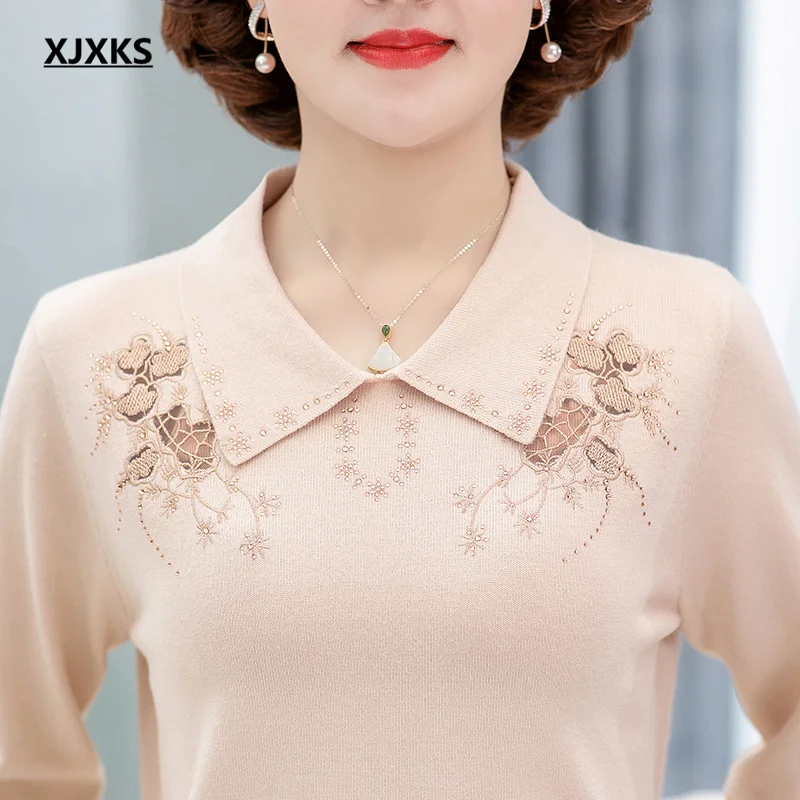 Женский шерстяной вязаный свитер с вышивкой отворотом | Женская одежда