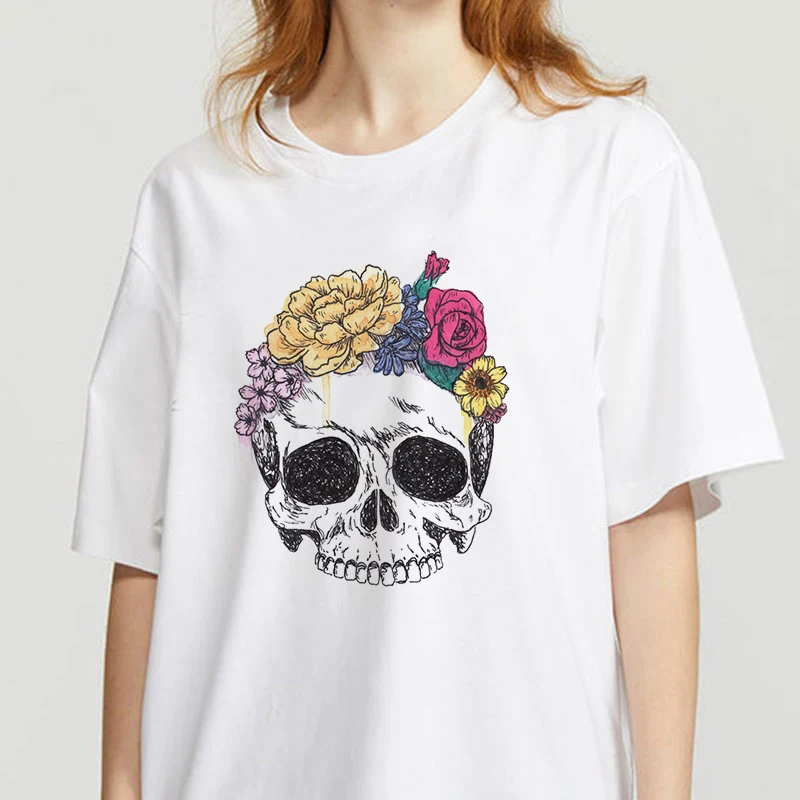 

Graphic tees tops Skeleton and flower tshirts women funny t shirt O-neck T-shirt Vintage Ullzang Mujer_T-Shirt