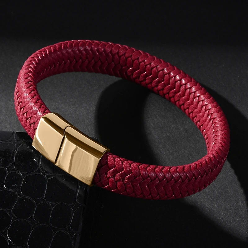 MOZO FASHION 2020 Punk Men Jewelry Red Braided Leather Bracelet Gold Stainless Steel Magnetic Clasp Fashion Women Bangles 161 | Украшения и